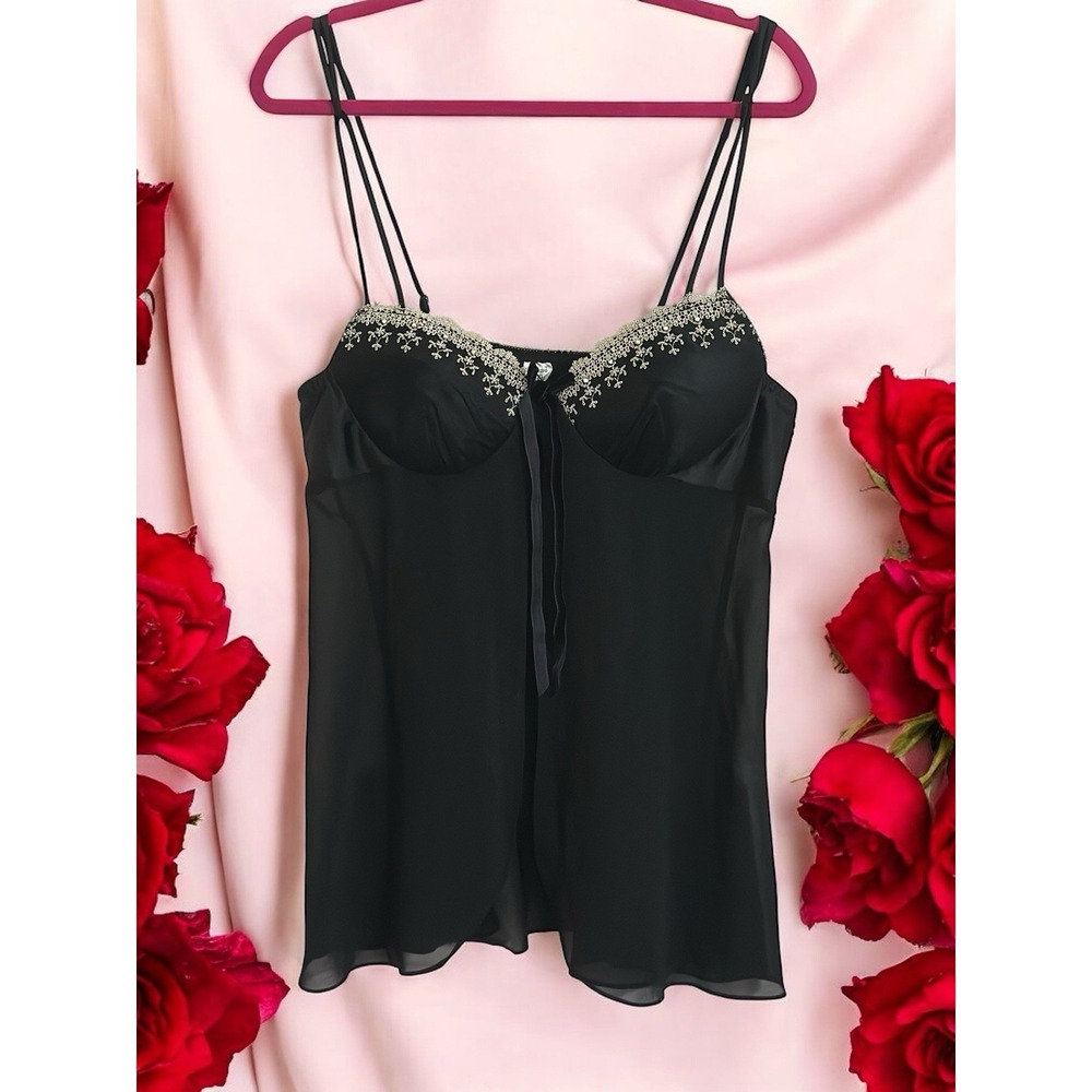 VTG Enchanting Lingerie Large 14/16 Black/Silver Satin Babydoll Chemise w/Lace